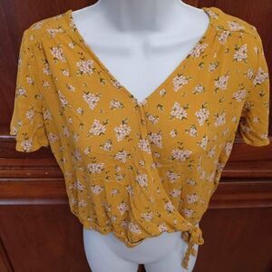 Pink Republic Blouse Womens Medium Floral Shortsleeve Faux Wrap Tie Bottom